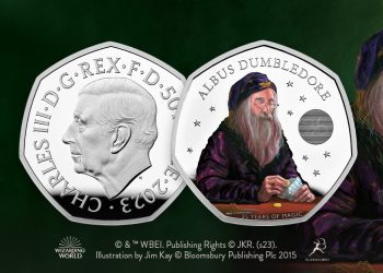 Monedă cu chipul profesorului Dumbledore din seria „Harry Potter”, lansată de Monetăria Regală Britanică