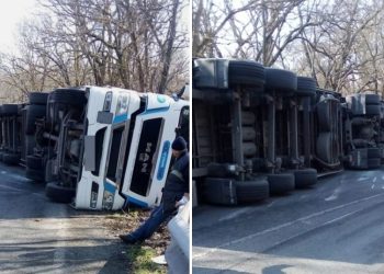TIR răsturnat pe DN 22. Este blocată circulația pe sensul de mers Constanța-Tulcea